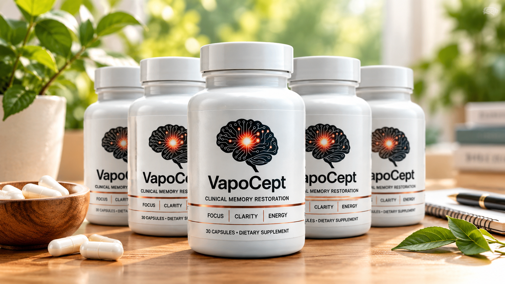 Five bottles of VapoCept dietary supplement on a wooden table with capsules and green leaves